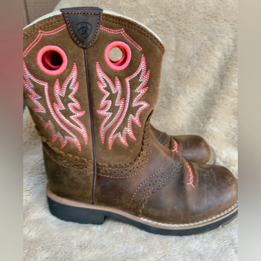 ARIAT GIRLS' FATBABY POWDER BROWN PINK LEATHER WESTERN ROUND‎ TOE BOOTS Sz 3 EUC